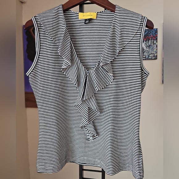 St. John Tops - ST JOHN Women's Ruffle V Neck Sleeveless Striped Black White Stretch Top Size M